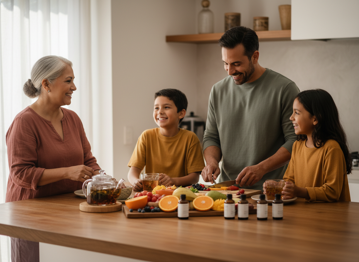 Familia mexicana en su cocina usando productos Vitae