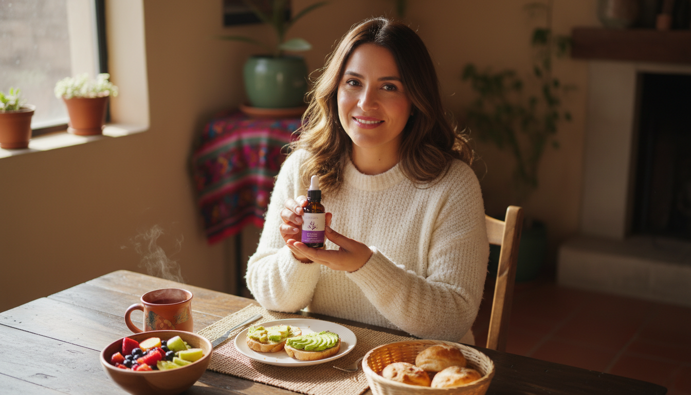 Mujer mexicana usando un producto de bienestar Vitae en su hogar
